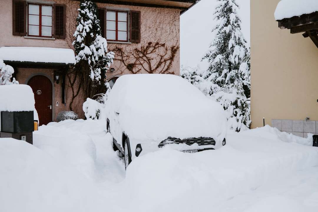 бяла кола, покрита със сняг близо до кафява бетонна сграда онлайн пъзел