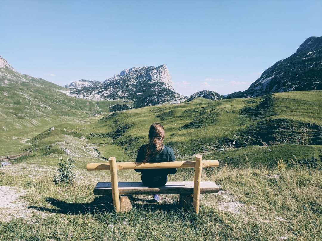femeie stând pe o bancă de lemn maro pe câmpul de iarbă verde puzzle online
