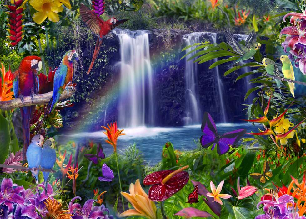 sagenhaft - Wasserfall, Papageien, Schmetterlinge Puzzlespiel online