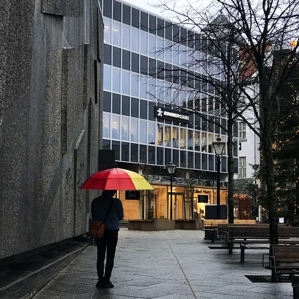 fekete kabátot és esernyőt tartó fekete nadrágos személy online puzzle