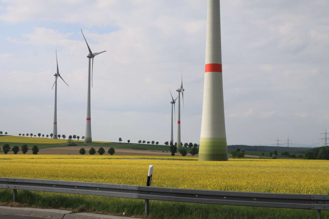 білі вітрові турбіни на зеленій траві поля пазл онлайн