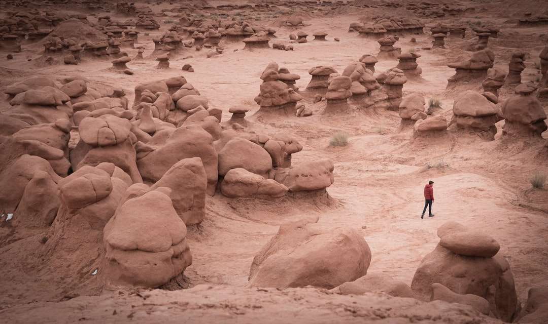 жена в черно яке, ходене по кафяв пясък през деня онлайн пъзел