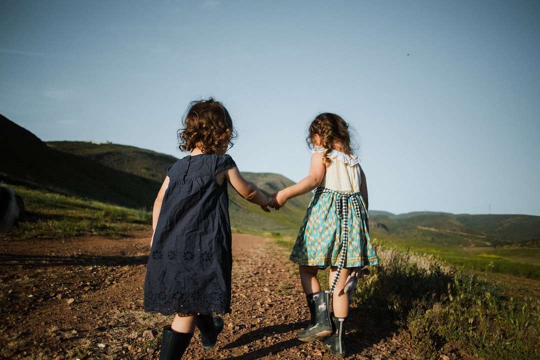 2 Mädchen im blauen Kleid, das tagsüber auf braunem Feld steht Online-Puzzle