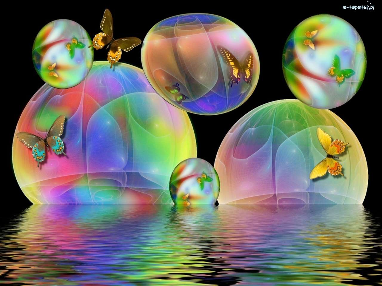 компьютерная графика - радужные пузыри и бабочки онлайн-пазл
