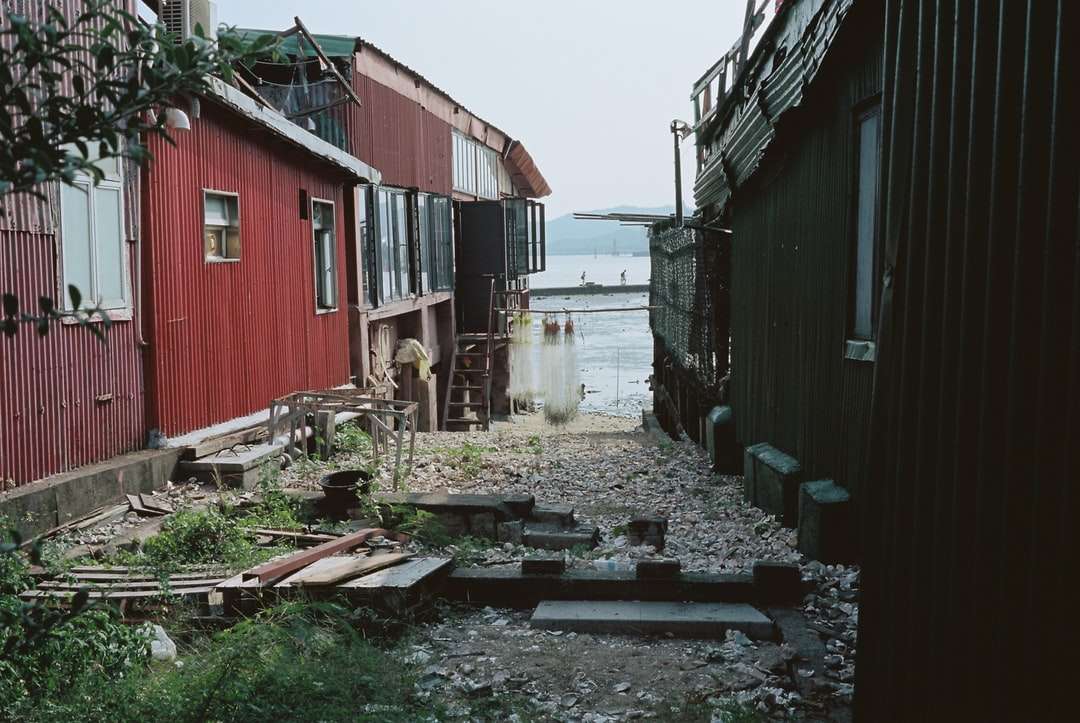 casa de madeira vermelha e branca ao lado do corpo d'água quebra-cabeças online