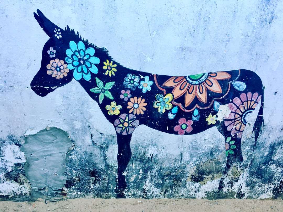pintura de cavalo preto azul e verde puzzle online