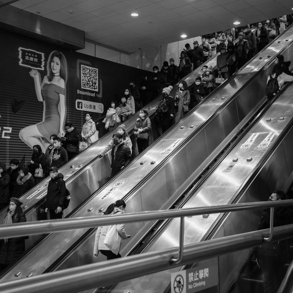 Graustufenfoto von Menschen in einer Rolltreppe Online-Puzzle
