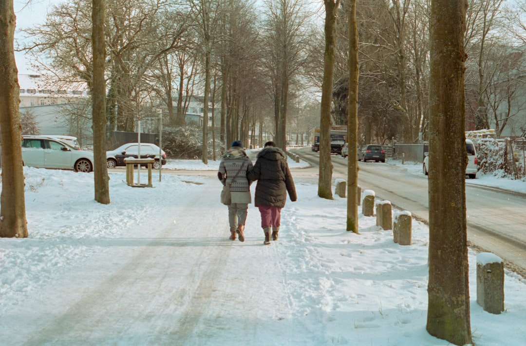жена в сиво палто, ходене по заснежена земя онлайн пъзел