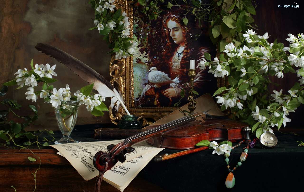 картина- цветя, цигулка онлайн пъзел