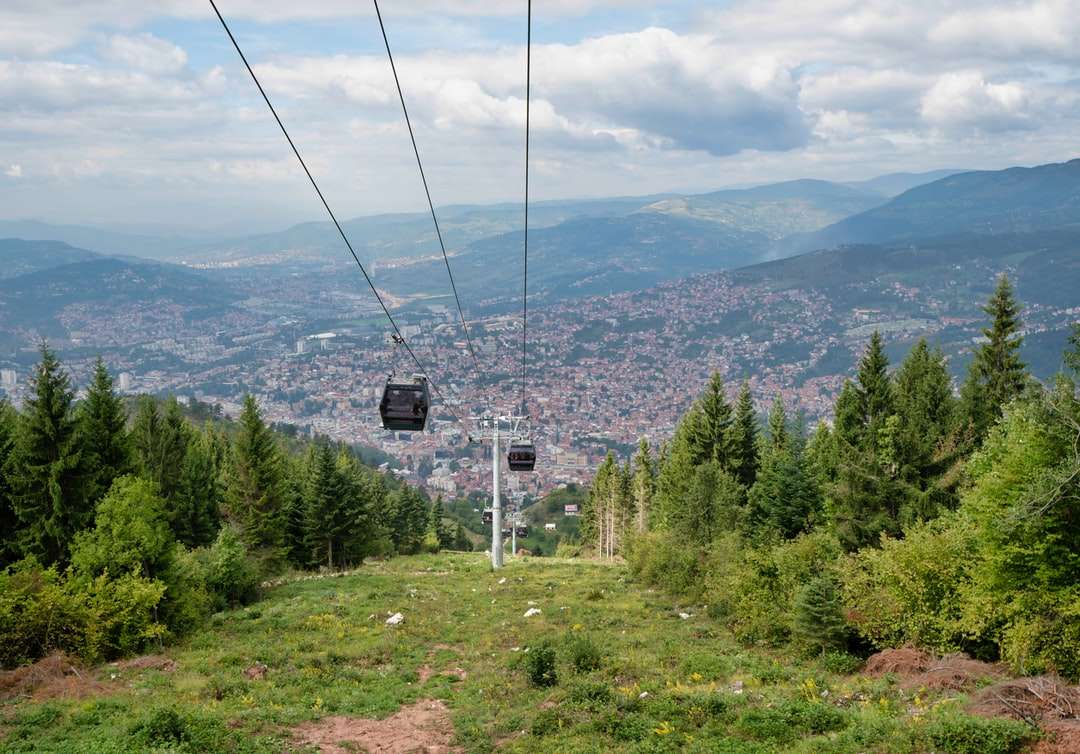 cable car over green trees during daytime online puzzle
