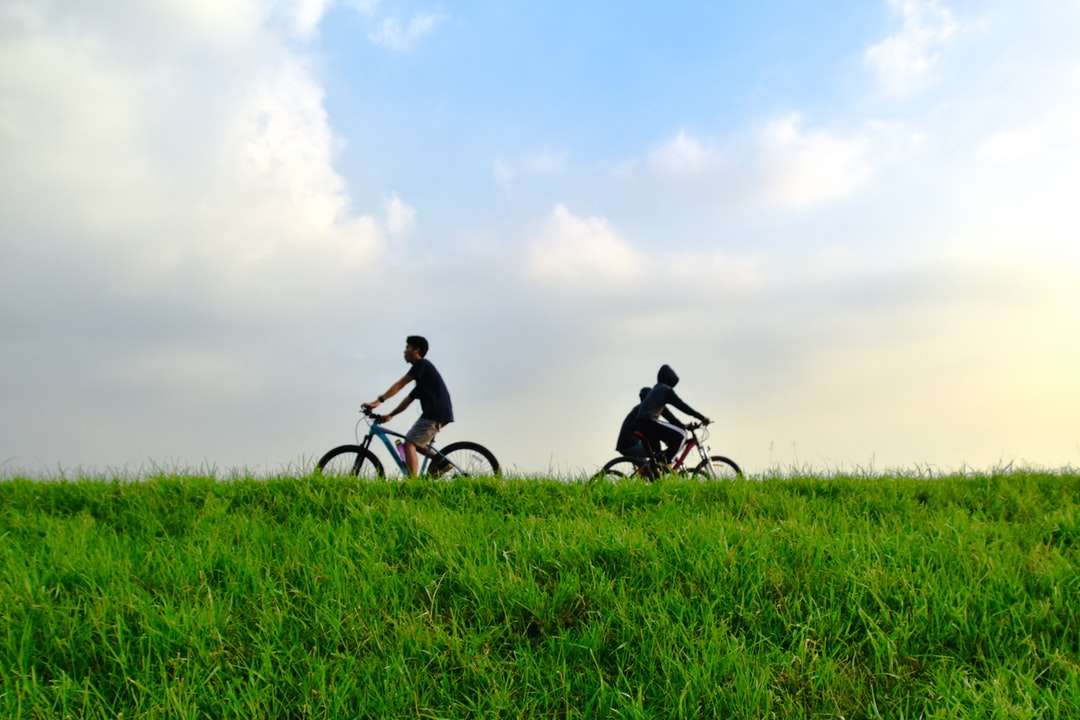 Mann im schwarzen Hemd, das Fahrrad auf grünem Grasfeld reitet Puzzlespiel online