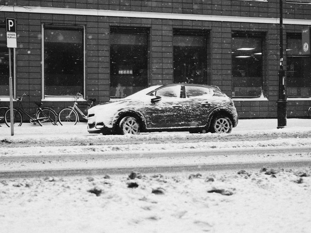 grijswaardenfoto van auto geparkeerd op straat online puzzel