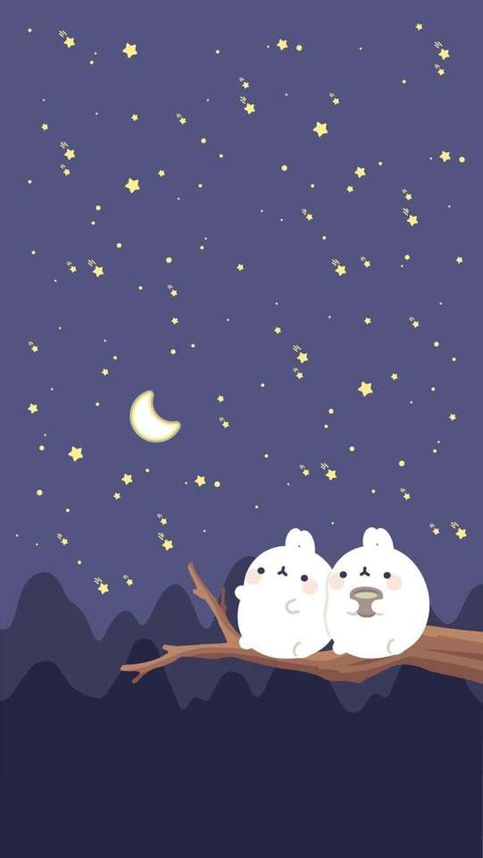 Molang v noci s přítelem na větvi stromu online puzzle