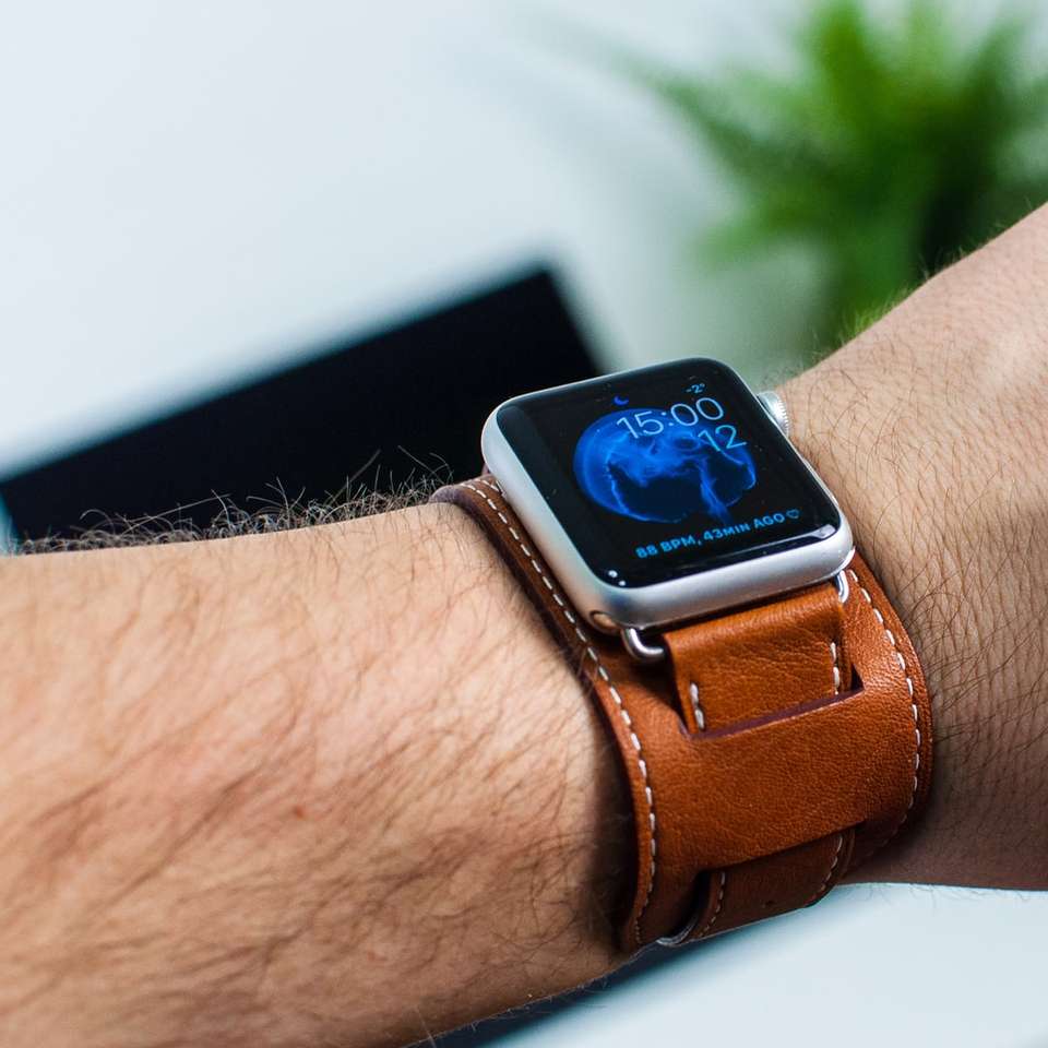 osoba, která nosí stříbrné hliníkové pouzdro Apple Watch skládačky online