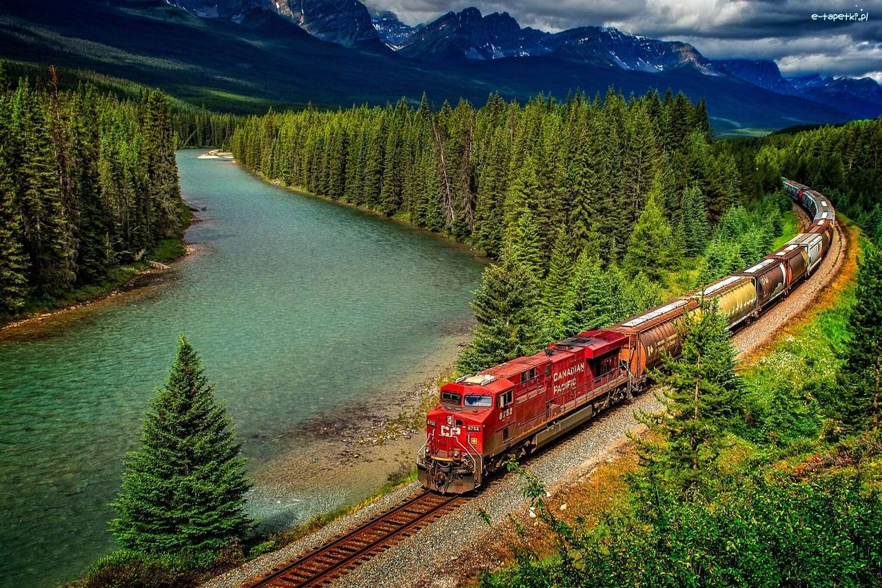Hory, řeka, vlak, lesy - Kanada skládačky online