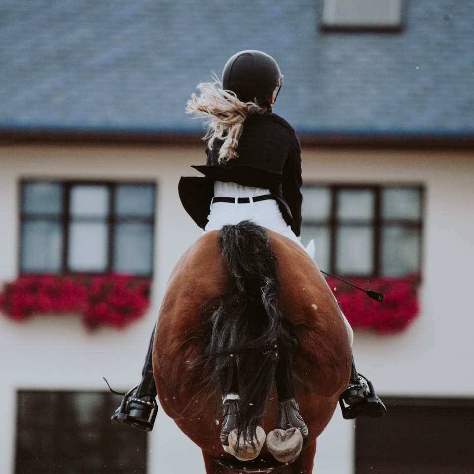 Mann im Schwarzweiss-Kostüm, das auf braunem Pferd reitet Puzzlespiel online