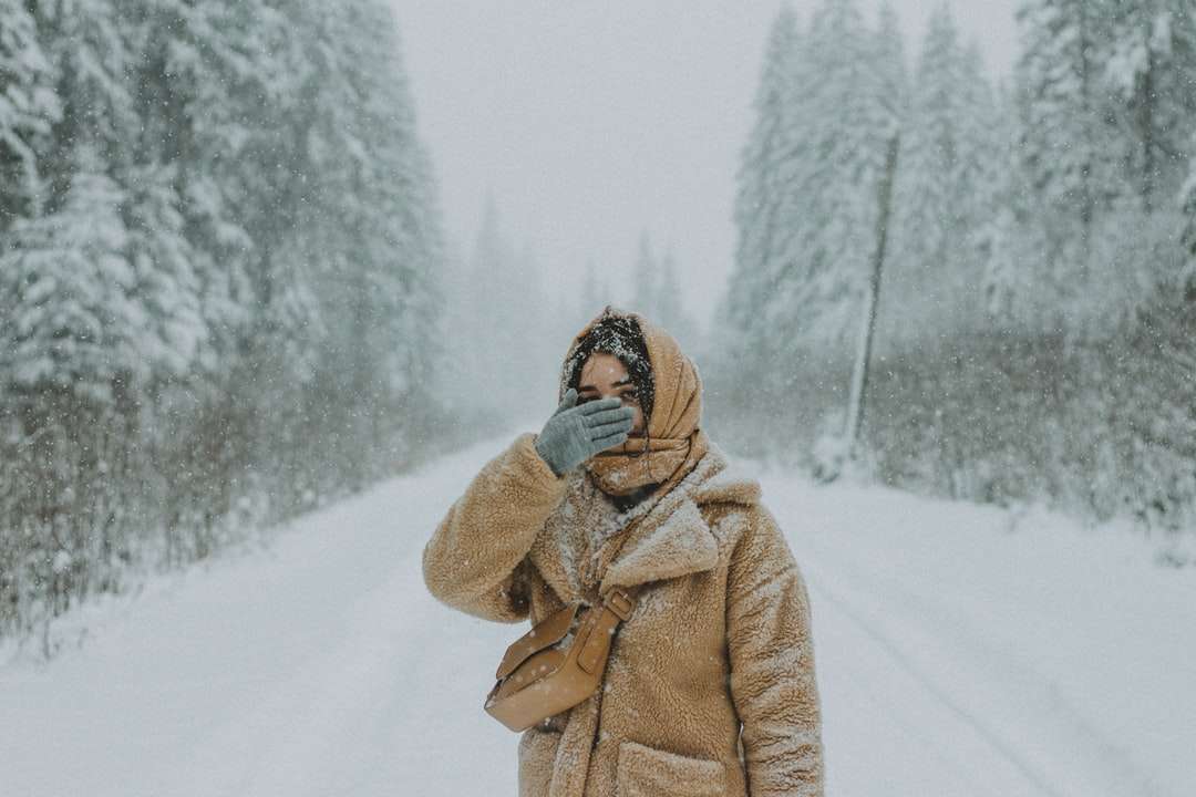 žena v hnědém kabátě stojící na zasněžené zemi online puzzle