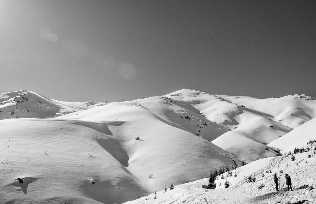 Foto en escala de grises de la montaña cubierta de nieve rompecabezas en línea