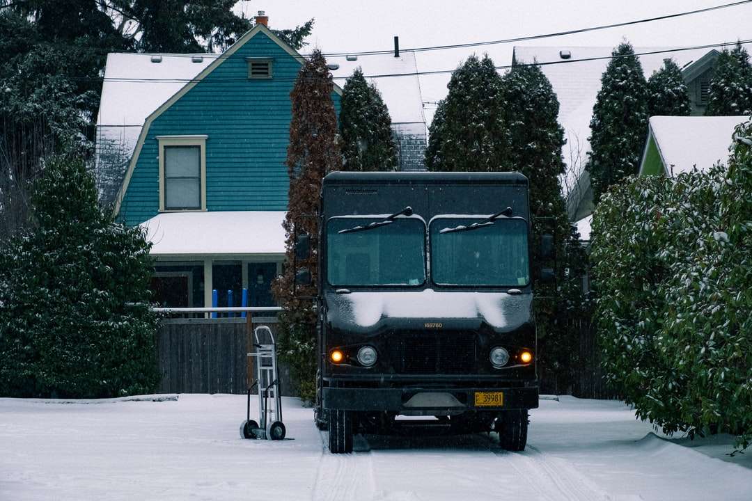 grüner und brauner Van vor dem braunen Haus Puzzlespiel online
