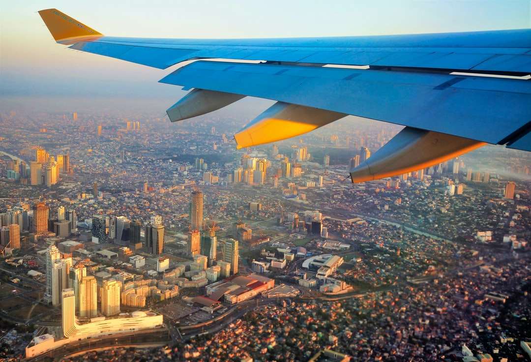 blauwe en witte vliegtuigvleugel boven stadsgebouwen online puzzel