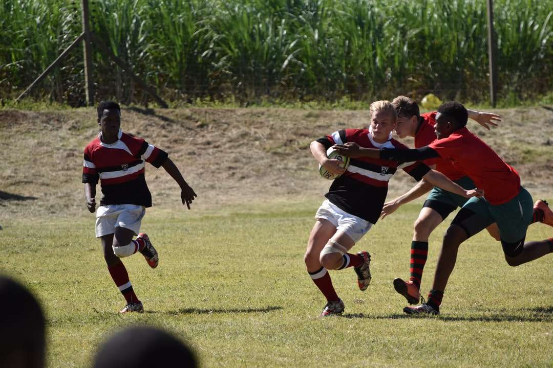 ομάδα ανδρών που παίζουν ποδόσφαιρο στο πεδίο πράσινο γρασίδι online παζλ