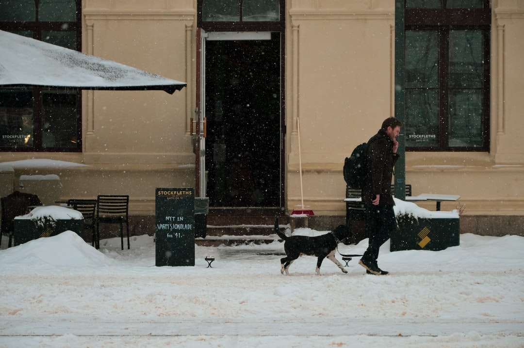 Mann in schwarzer Jacke steht neben schwarzem Hund Puzzlespiel online
