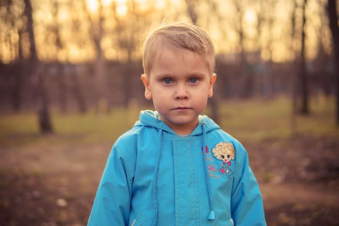 jongen in blauwe hoodie staande op bruin veld overdag legpuzzel online
