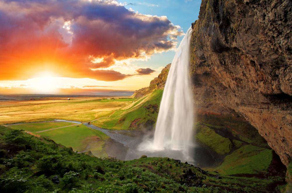 Wasserfall, Sonnenuntergang Online-Puzzle