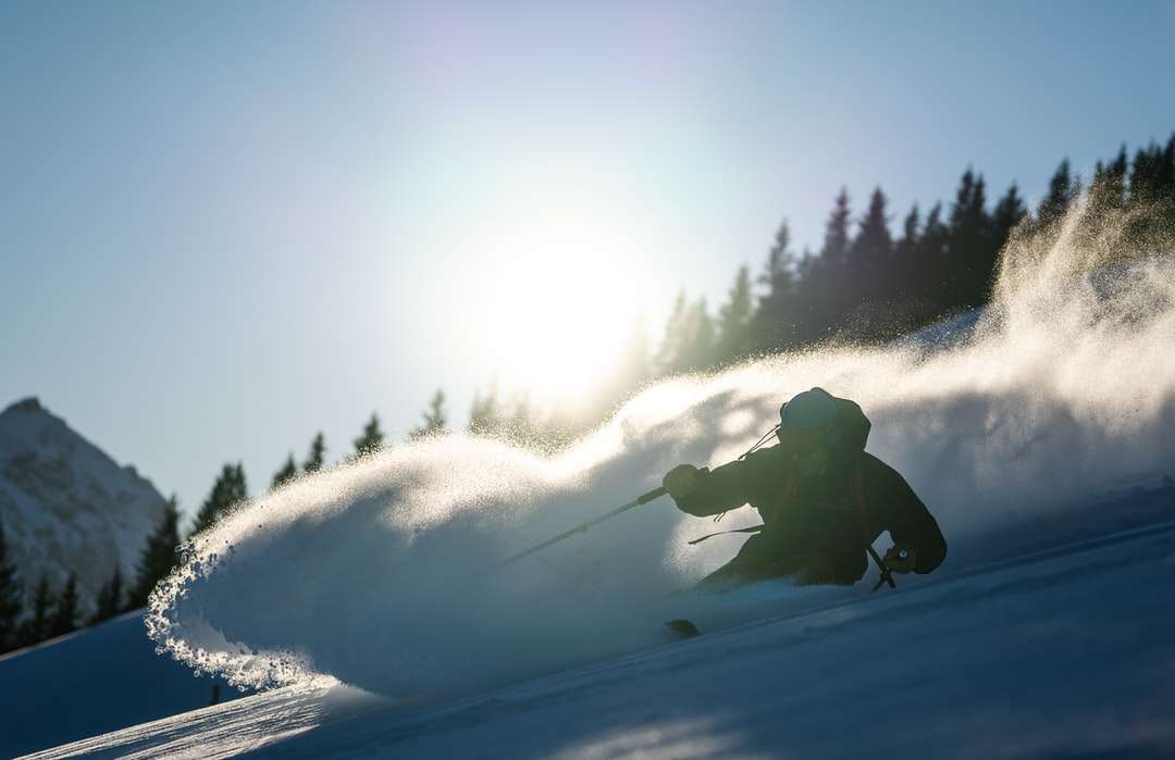 άτομο με μαύρο σακάκι και παντελόνι ιππασίας στο snowboard online παζλ