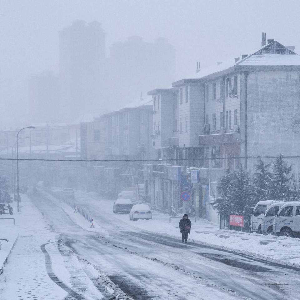 Personne qui marche sur une route couverte de neige près de voitures et de bâtiments puzzle en ligne
