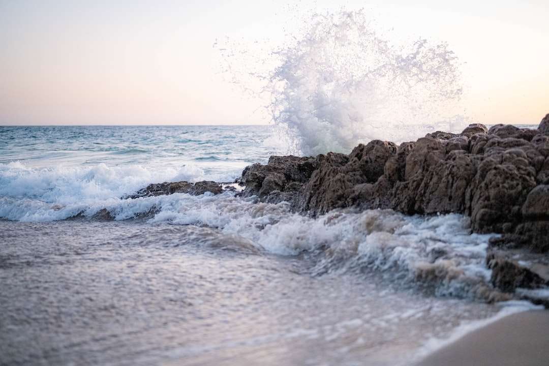 Meereswellen, die tagsüber auf brauner Felsformation abstürzen Puzzlespiel online