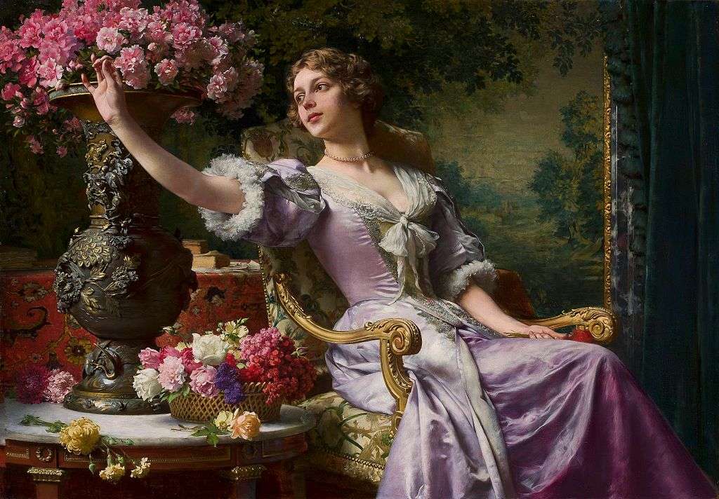 Κυρία σε ένα λιλά φόρεμα με λουλούδια (για αυτόν) παζλ online