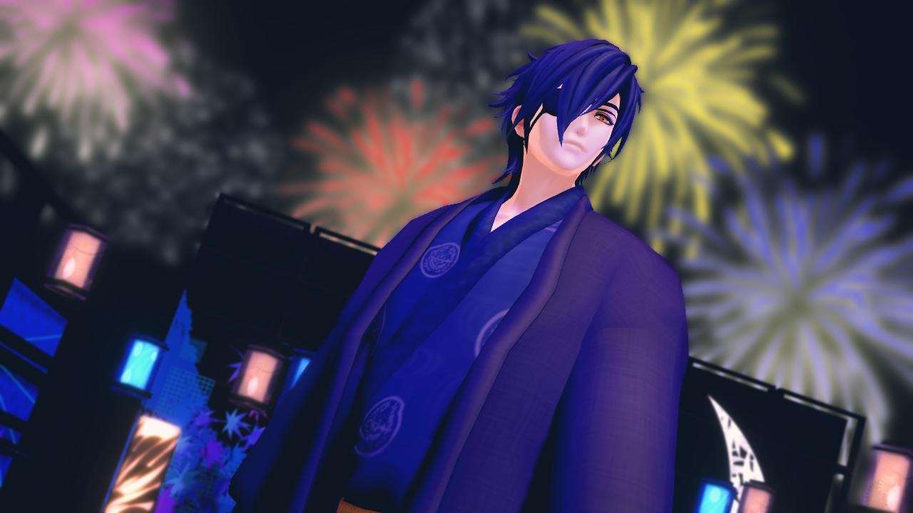 Mitsu em frente a uma exibição de fogos de artifício puzzle online