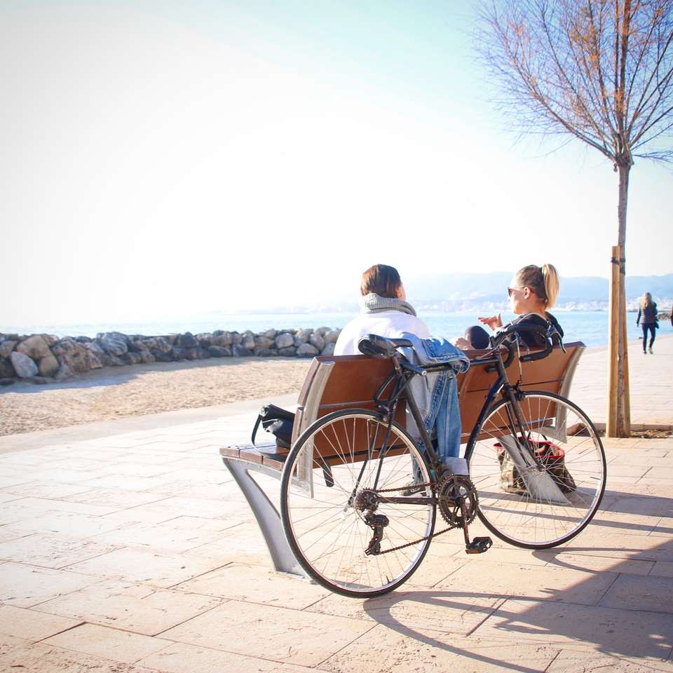 2 person sitting on bench with bike leaning jigsaw puzzle online