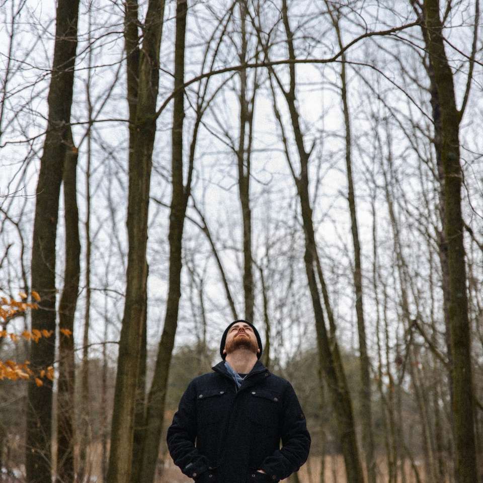 мъж в черно яке, застанал насред голи дървета онлайн пъзел