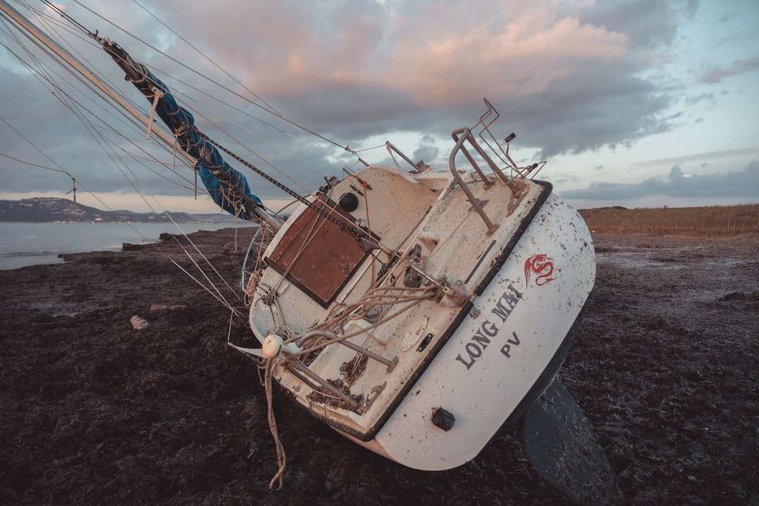 бело-коричневая рыбацкая лодка на берегу моря в дневное время пазл онлайн