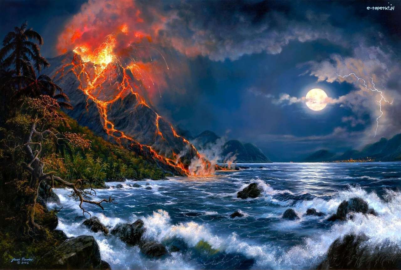 volcán en la noche junto al mar rompecabezas en línea