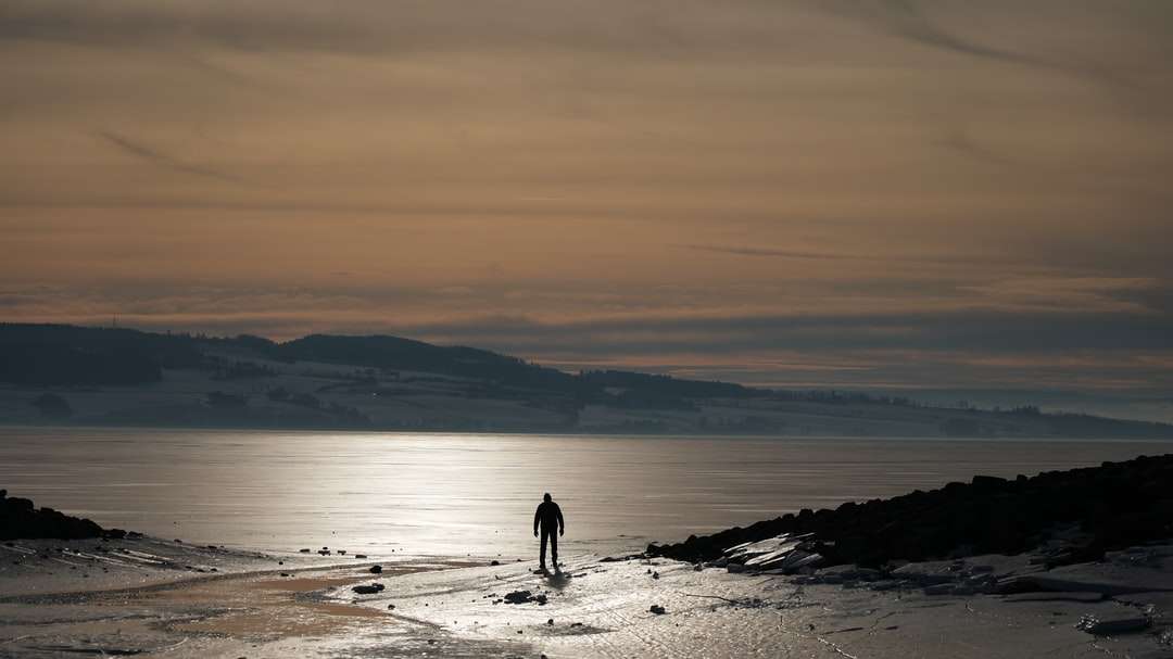 sziluettje 2 ember séta a tengerparton naplemente alatt kirakós online