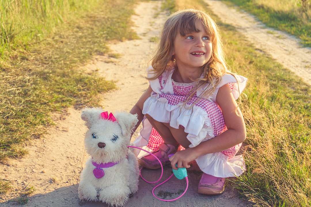 garota de vestido rosa e branco segurando um brinquedo de pelúcia de cachorro branco quebra-cabeças online
