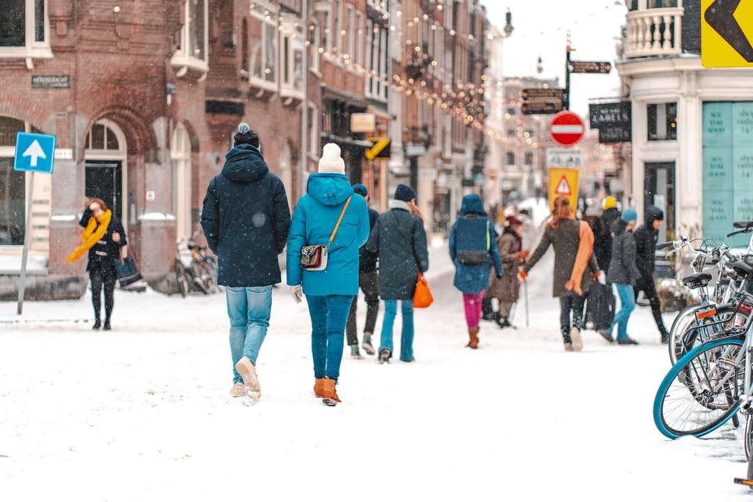 oameni care merg pe drum acoperit de zăpadă în timpul zilei jigsaw puzzle online