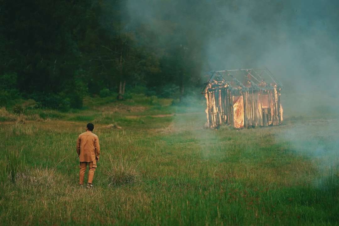 Hombre de chaqueta marrón de pie sobre el campo de hierba verde rompecabezas en línea