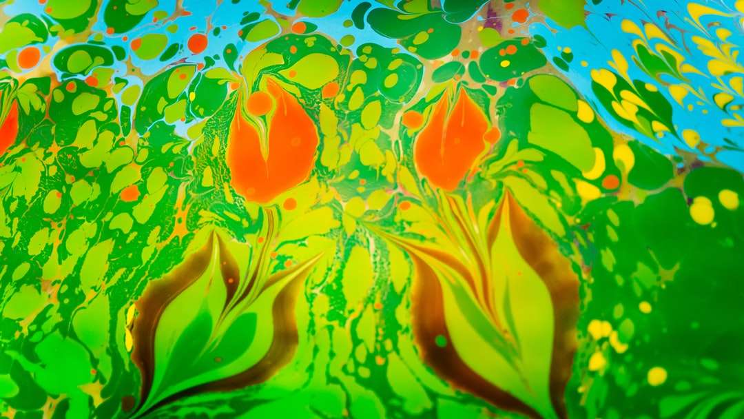 peinture abstraite orange vert et bleu puzzle en ligne