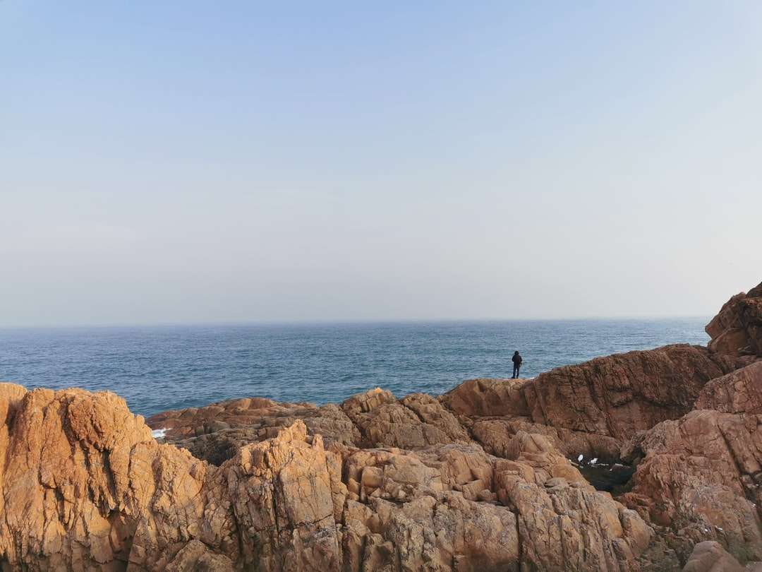 человек, стоящий на коричневой скале возле водоема пазл онлайн
