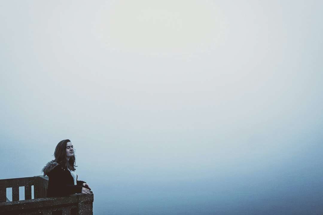 Mujer sentada sobre una roca bajo un cielo blanco durante el día rompecabezas en línea