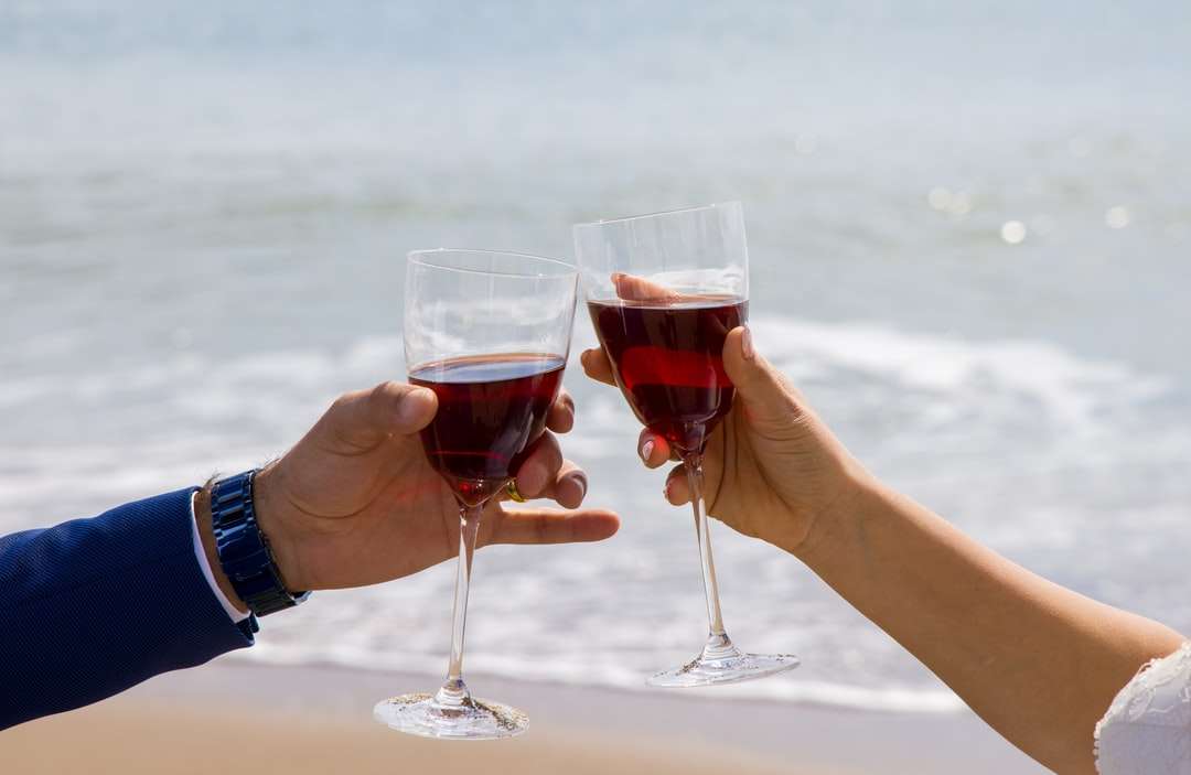 2 pessoas segurando uma taça de vinho transparente com vinho tinto puzzle online