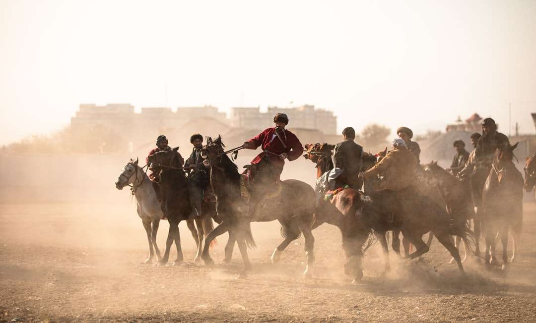 хора, яздещи коне върху кафяв пясък през деня онлайн пъзел