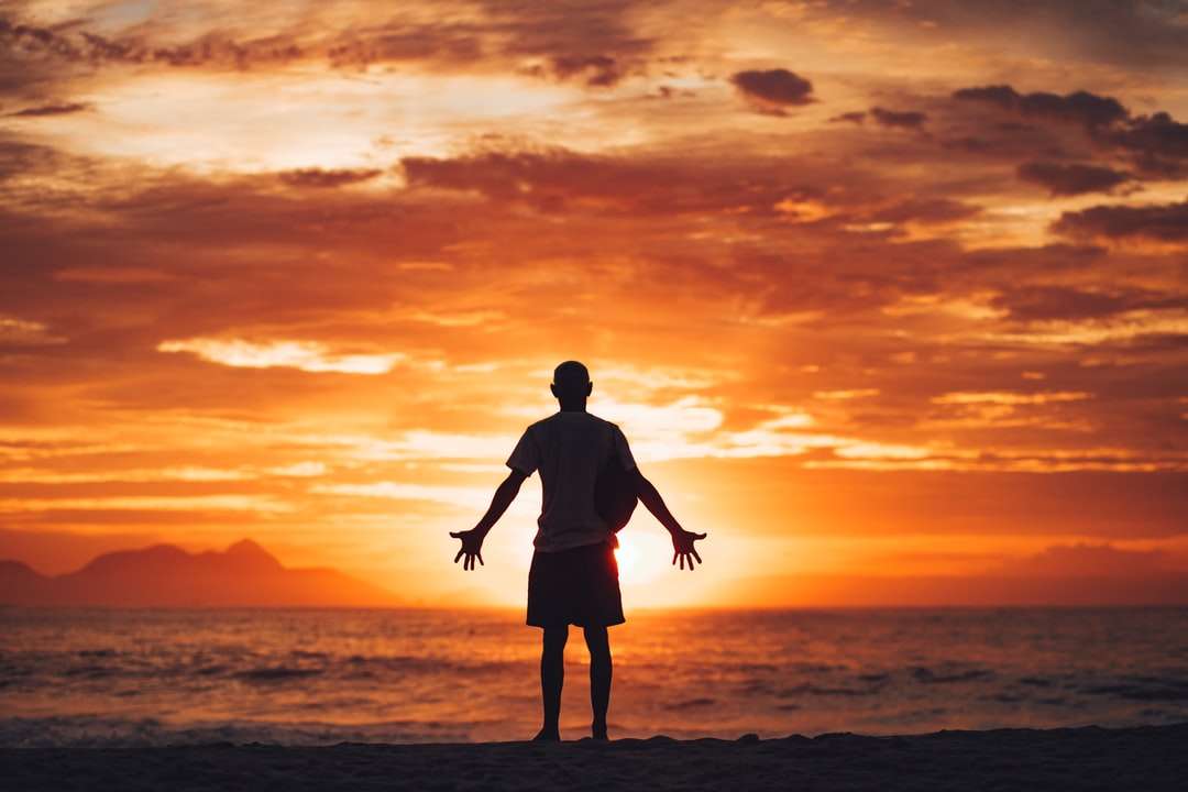 Schattenbild des Mannes, der am Strand während des Sonnenuntergangs läuft Online-Puzzle