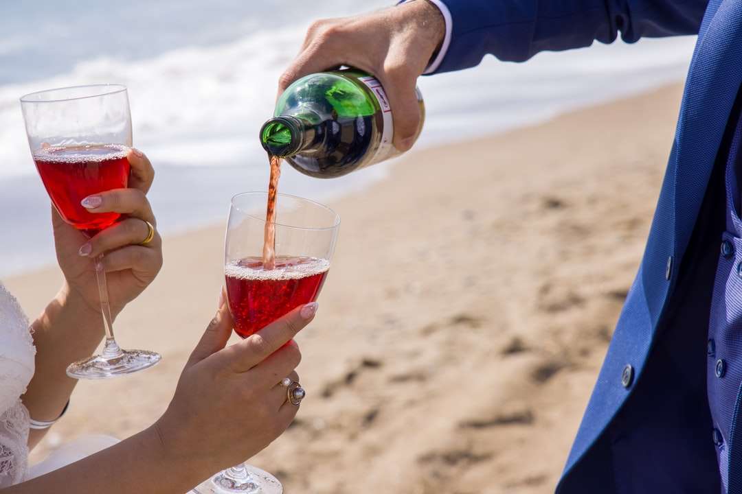 2 pessoas segurando copos na praia durante o dia quebra-cabeças online