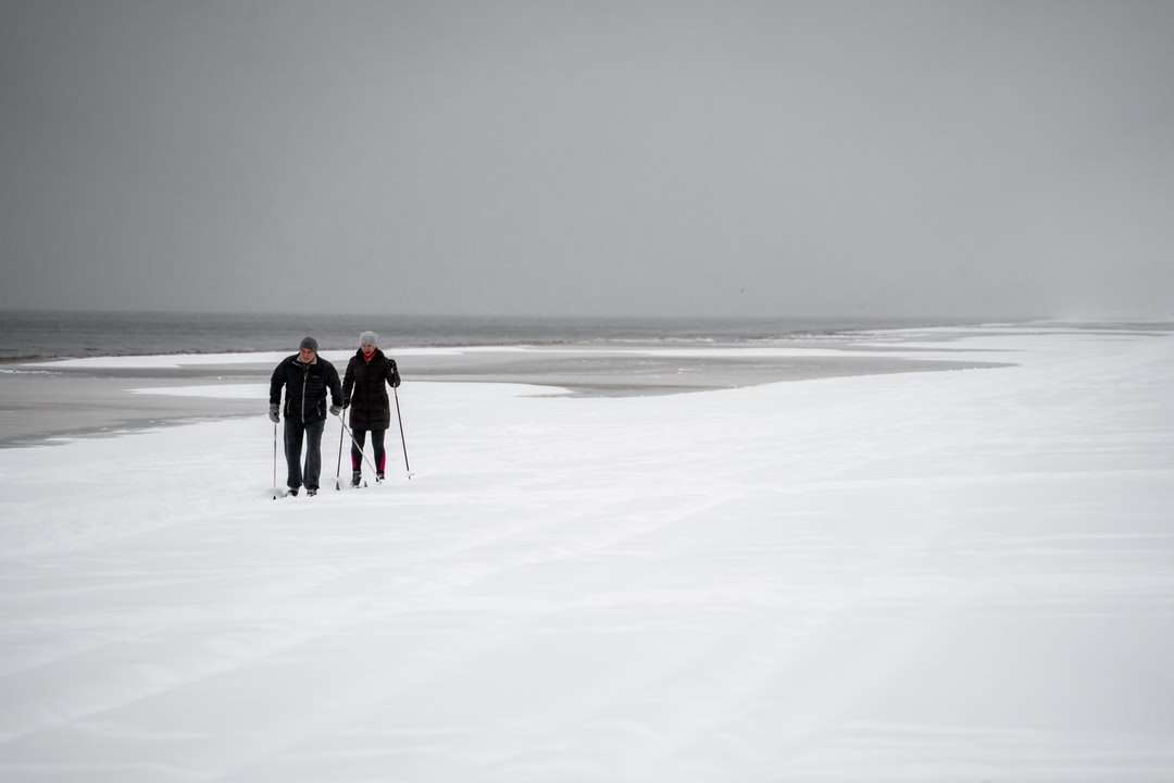 2 persoane care merg pe câmp acoperit de zăpadă în timpul zilei jigsaw puzzle online