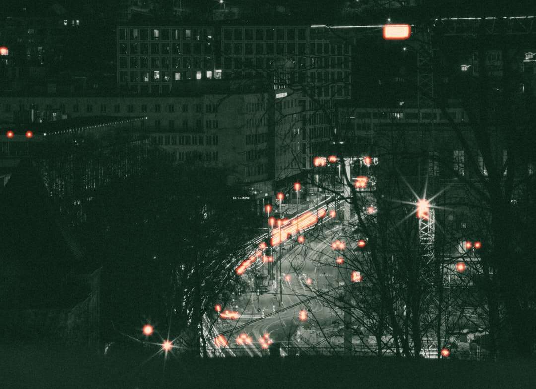 svartvita stadsbyggnader under natten Pussel online